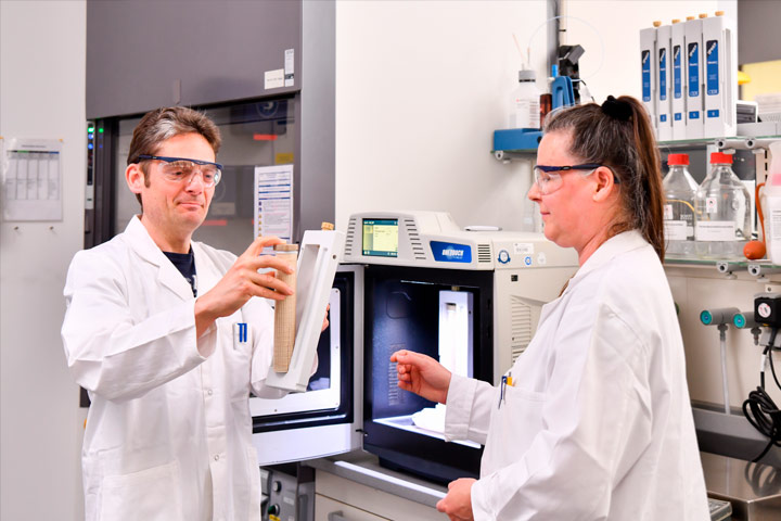 Ein Mann und eine Frau arbeiten im Labor mit Materalienproben
