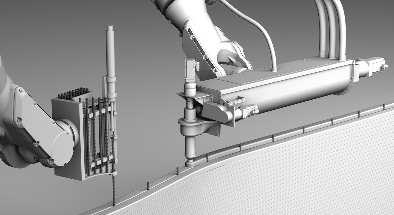 In der Abbildung sieht man zwei Roboter, die parallel arbeiten. Ein Roboter bringt Beton in feinen Strängen aus während der andere Bewehrung vertikal in den Beton einsteckt.