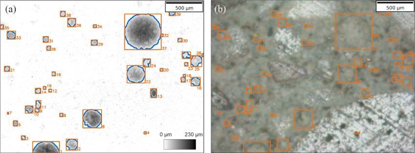 Figure (a) Confocal laser scanning microscopy recording with height profile of the concrete surface and Figure (b) corresponding light microscopy image with labelled air pores.
